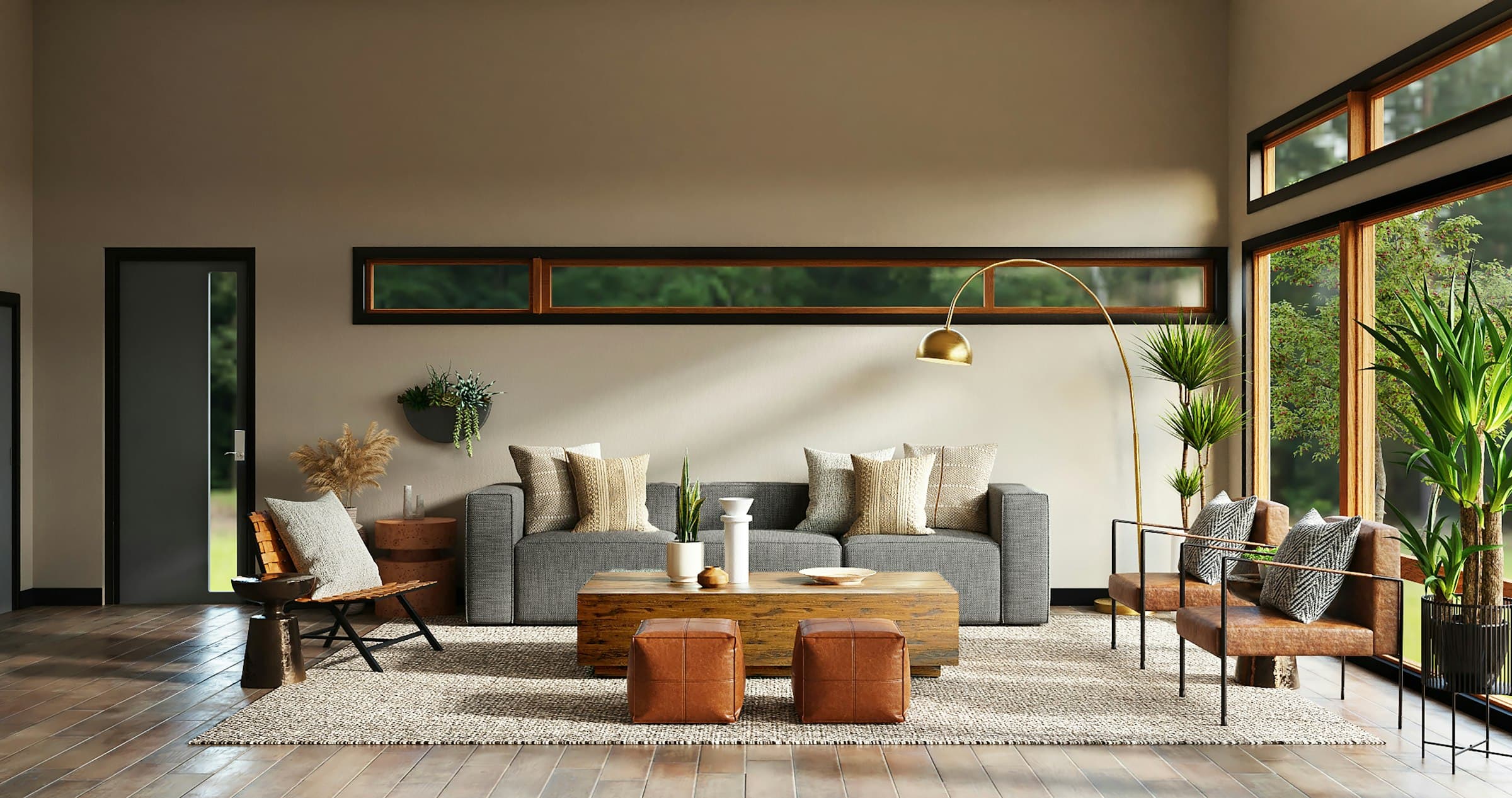 A modern living room interior with natural light, wood and leather furniture