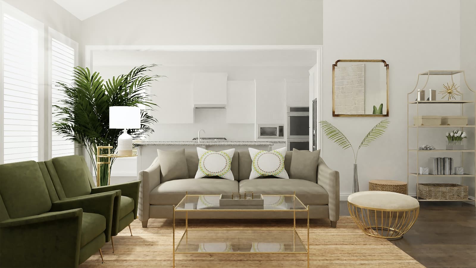 A bright living room with olive upholstery and brass accents